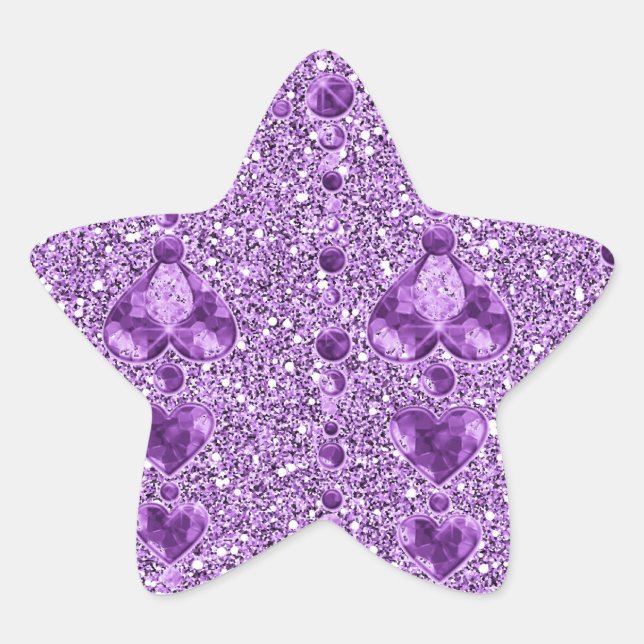 Purple Faux Glitter & Heart Droplets Star Sticker (Front)