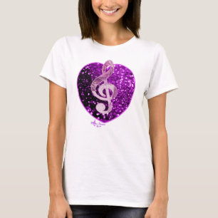 Purple Faux Glitter Heart French Music Treble Clef T-Shirt
