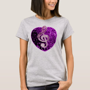 Purple Faux Glitter Heart French Music Treble Clef T-Shirt