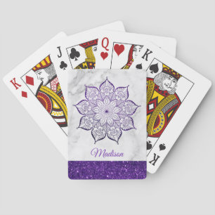 Purple Faux Glitter Mandala on Grey & White Marble Playing Cards