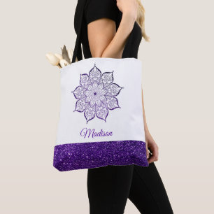 Purple Faux Glitter Mandala on White Tote Bag