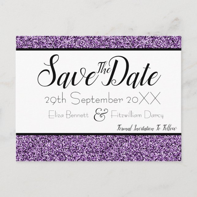 Purple Faux Glitter Save the Date Postcard (Front)