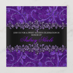Purple Faux Glitter & Velvet Floral Sweet Sixteen Invitation