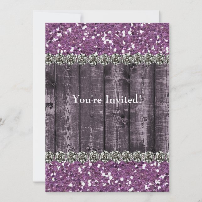 Purple Faux Glitter Wood Rhinestones Bridal Shower Invitation (Front)