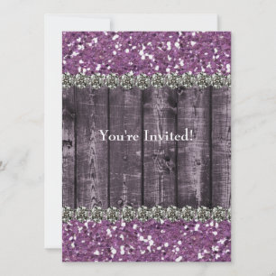 Purple Faux Glitter Wood Rhinestones Bridal Shower Invitation