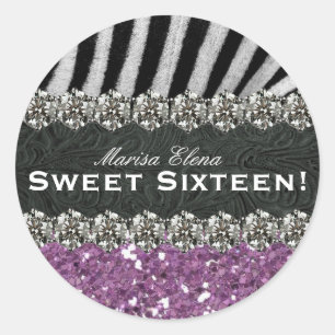 Purple Faux Glitter Zebra Sweet Sixteen Classic Round Sticker