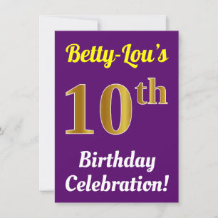 Purple, Faux Gold 10th Birthday Celebration + Name Invitation