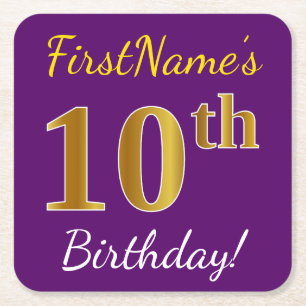 Purple, Faux Gold 10th Birthday + Custom Name Square Paper Coaster