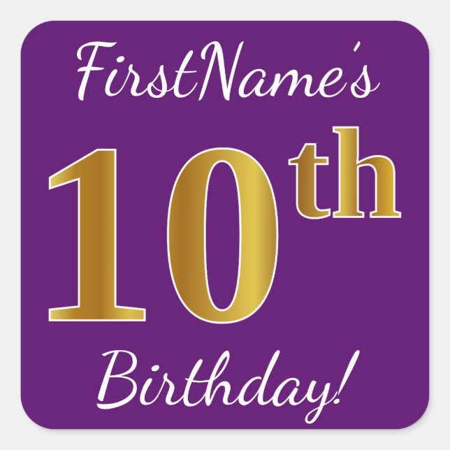 Purple, Faux Gold 10th Birthday + Custom Name Square Sticker (Front)