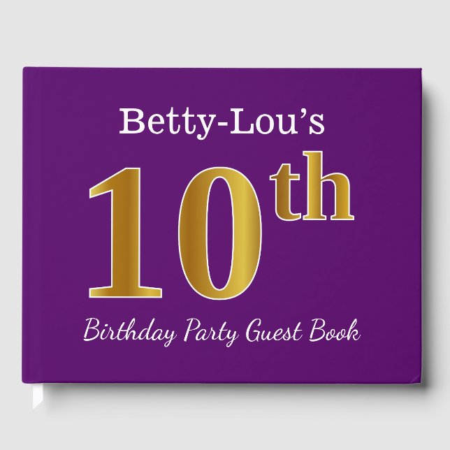 Purple, Faux Gold 10th Birthday Party; Custom Name Guest Book (Front)
