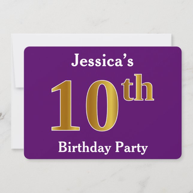 Purple, Faux Gold 10th Birthday Party; Custom Name Invitation (Front)