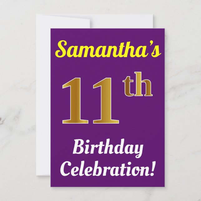 Purple, Faux Gold 11th Birthday Celebration + Name Invitation (Front)
