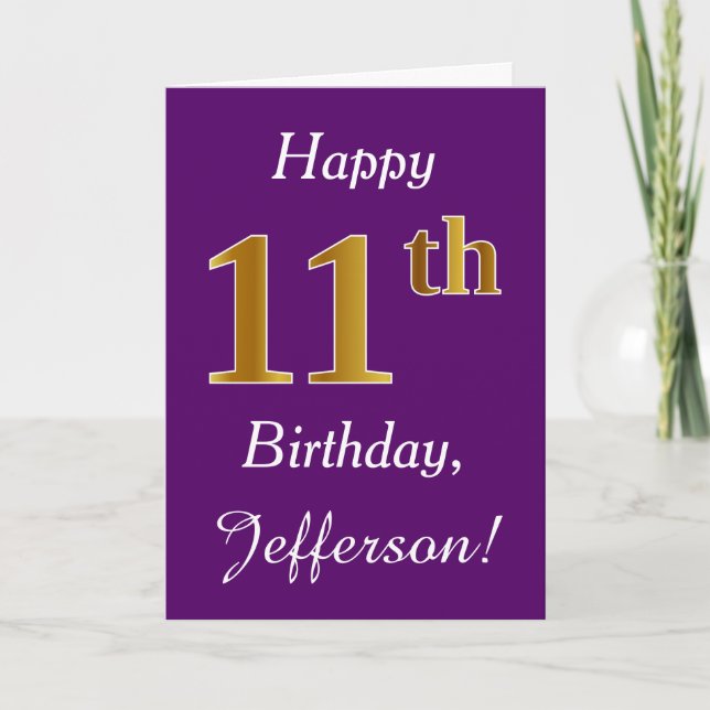 Purple, Faux Gold 11th Birthday + Custom Name Card (Front)