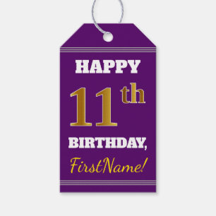 Purple, Faux Gold 11th Birthday + Custom Name Gift Tags