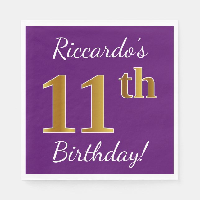 Purple, Faux Gold 11th Birthday + Custom Name Napkin (Front)