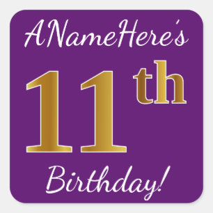 Purple, Faux Gold 11th Birthday + Custom Name Square Sticker