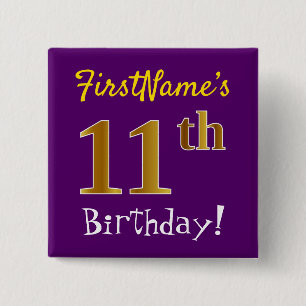 Purple, Faux Gold 11th Birthday, With Custom Name 15 Cm Square Badge