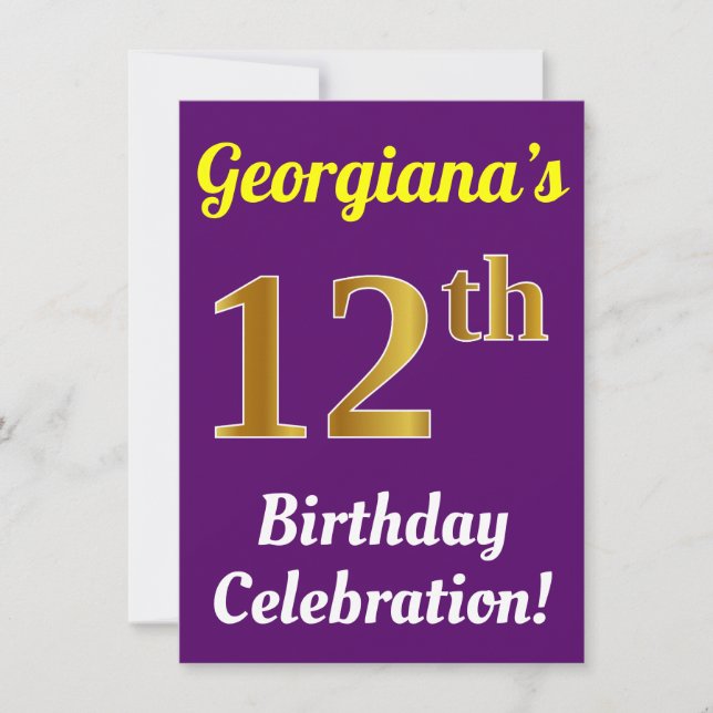Purple, Faux Gold 12th Birthday Celebration + Name Invitation (Front)