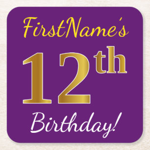 Purple, Faux Gold 12th Birthday + Custom Name Square Paper Coaster