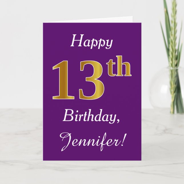 Purple, Faux Gold 13th Birthday + Custom Name Card (Front)
