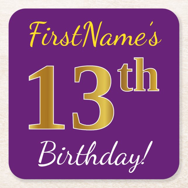 Purple, Faux Gold 13th Birthday + Custom Name Square Paper Coaster (Front)