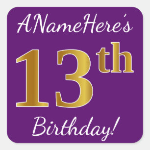 Purple, Faux Gold 13th Birthday + Custom Name Square Sticker
