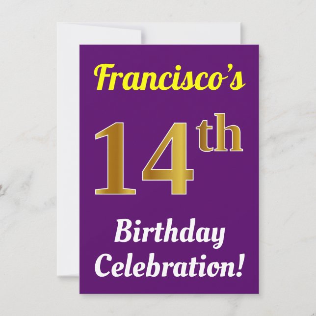 Purple, Faux Gold 14th Birthday Celebration + Name Invitation (Front)