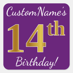 Purple, Faux Gold 14th Birthday + Custom Name Square Sticker