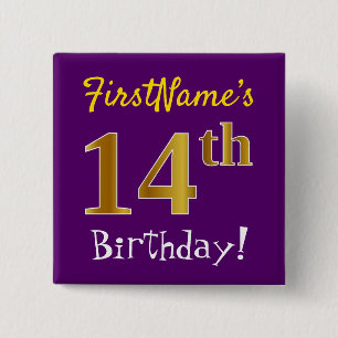 Purple, Faux Gold 14th Birthday, With Custom Name 15 Cm Square Badge