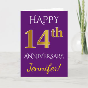 Purple, Faux Gold 14th Wedding Anniversary + Name Card