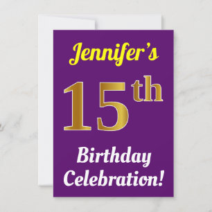 Purple, Faux Gold 15th Birthday Celebration + Name Invitation