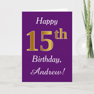 Purple, Faux Gold 15th Birthday + Custom Name Card