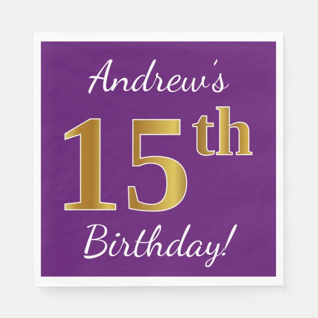 Purple, Faux Gold 15th Birthday + Custom Name Napkin (Front)