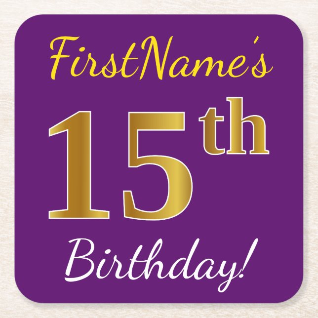 Purple, Faux Gold 15th Birthday + Custom Name Square Paper Coaster (Front)