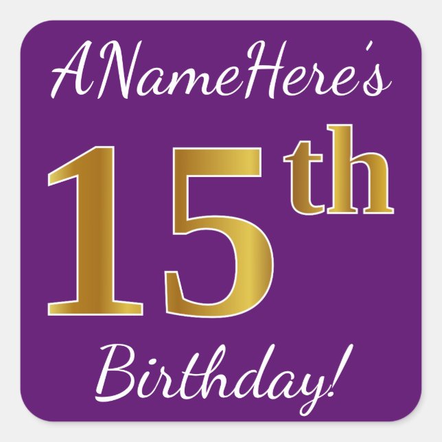 Purple, Faux Gold 15th Birthday + Custom Name Square Sticker (Front)