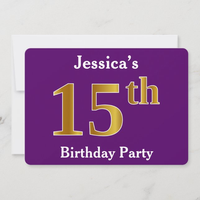 Purple, Faux Gold 15th Birthday Party; Custom Name Invitation (Front)