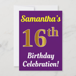 Purple, Faux Gold 16th Birthday Celebration + Name Invitation