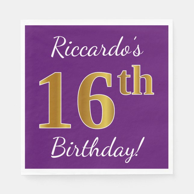 Purple, Faux Gold 16th Birthday + Custom Name Napkin (Front)