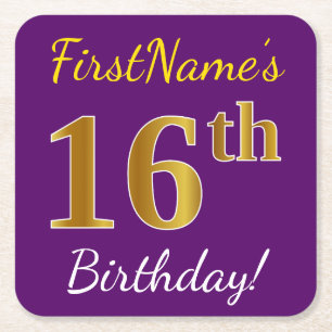 Purple, Faux Gold 16th Birthday + Custom Name Square Paper Coaster