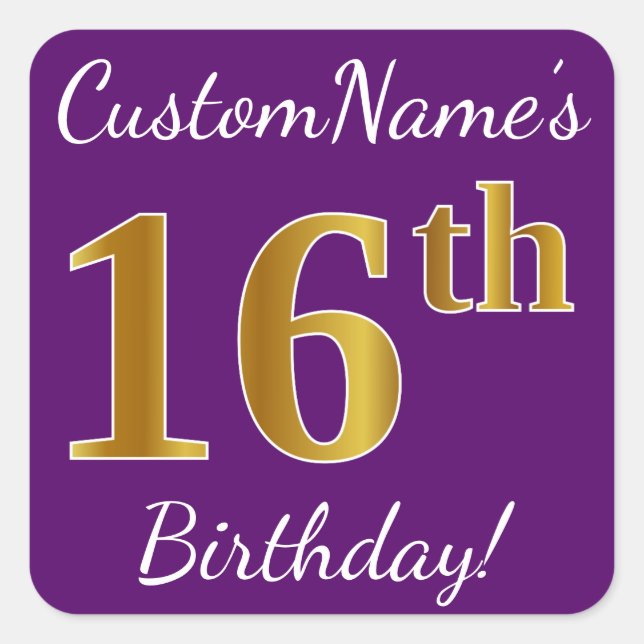 Purple, Faux Gold 16th Birthday + Custom Name Square Sticker (Front)