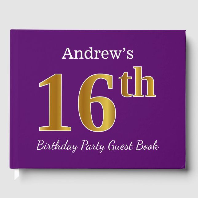 Purple, Faux Gold 16th Birthday Party; Custom Name Guest Book (Front)