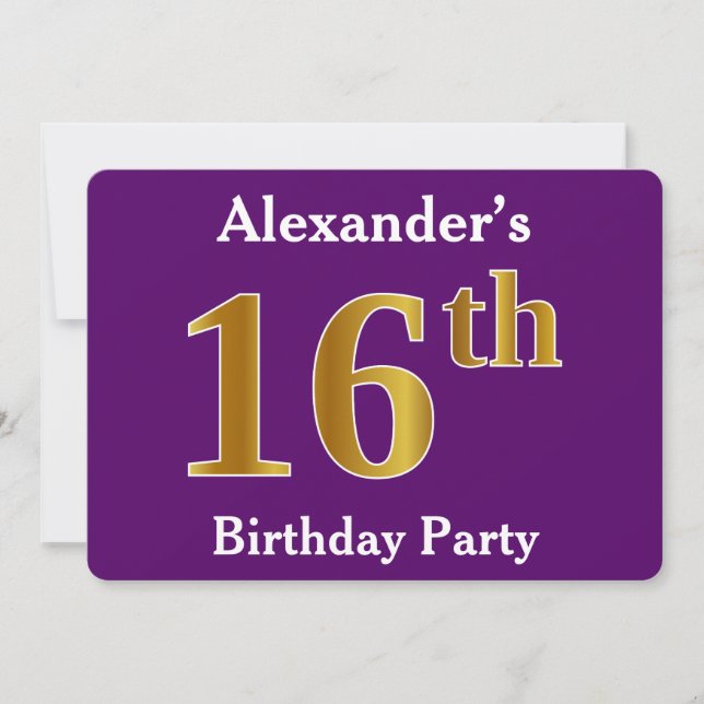 Purple, Faux Gold 16th Birthday Party; Custom Name Invitation (Front)