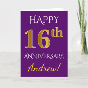 Purple, Faux Gold 16th Wedding Anniversary + Name Card