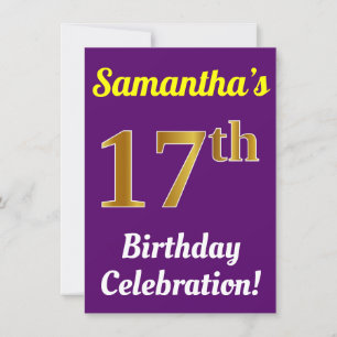 Purple, Faux Gold 17th Birthday Celebration + Name Invitation