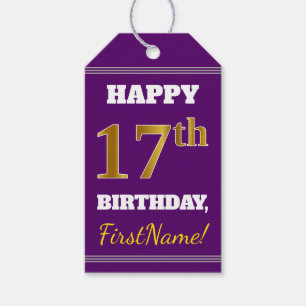 Purple, Faux Gold 17th Birthday + Custom Name Gift Tags