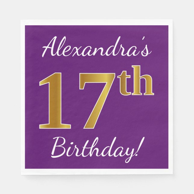Purple, Faux Gold 17th Birthday + Custom Name Napkin (Front)