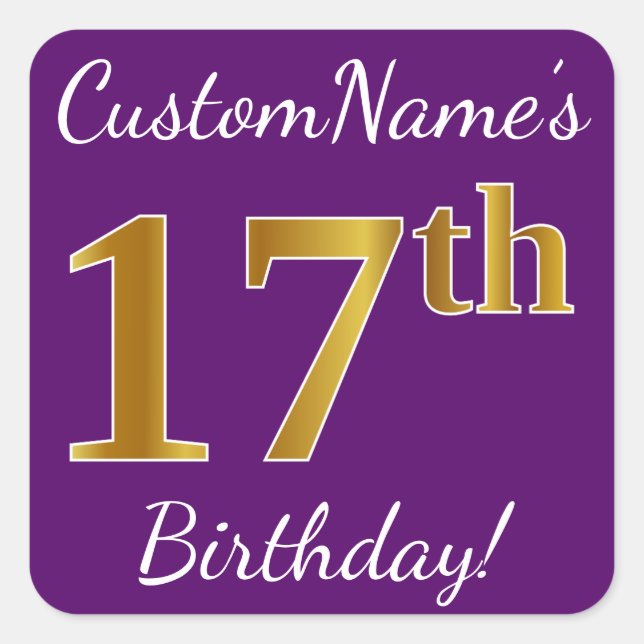 Purple, Faux Gold 17th Birthday + Custom Name Square Sticker (Front)