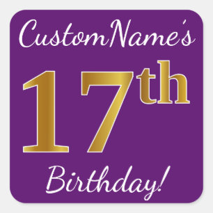 Purple, Faux Gold 17th Birthday + Custom Name Square Sticker