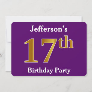Purple, Faux Gold 17th Birthday Party; Custom Name Invitation