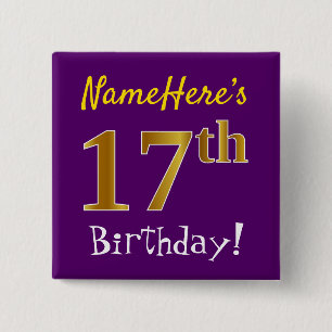 Purple, Faux Gold 17th Birthday, With Custom Name 15 Cm Square Badge